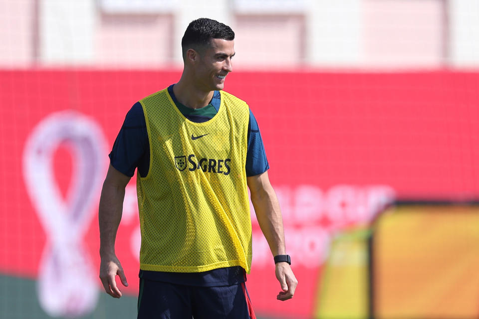 DOHA, QATAR - NOVEMBER 21: Cristiano Ronaldo of Portugal looks on during the Portugal Training Session at Al Shahaniya SC training centre on November 21, 2022 in Doha, Qatar. (Photo by Christopher Lee/Getty Images )