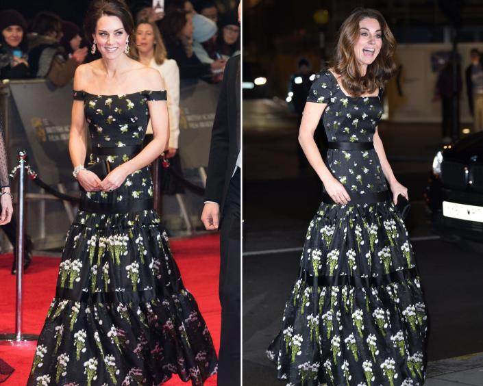 Kate Middleton in a floral Alexander McQueen dress, once in an off-the-shoulder look and once with cap sleeves