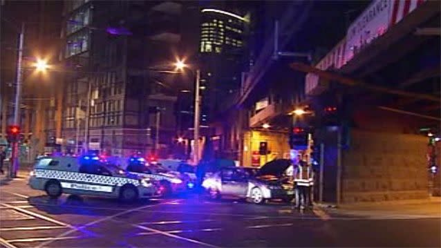 Two men have been arrested after a crash in Melbourne's CBD in the early hours of the morning. Photo: 7News