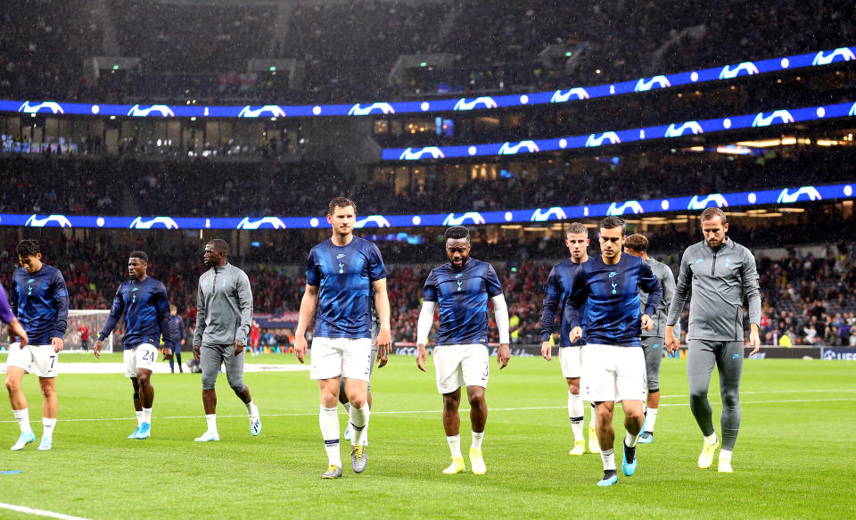 Tottenham Hotspur's players warm up before the UEFA Champions League match at Tottenham Hotspur Stadium, London. (Photo by Steven Paston/PA Images via Getty Images)