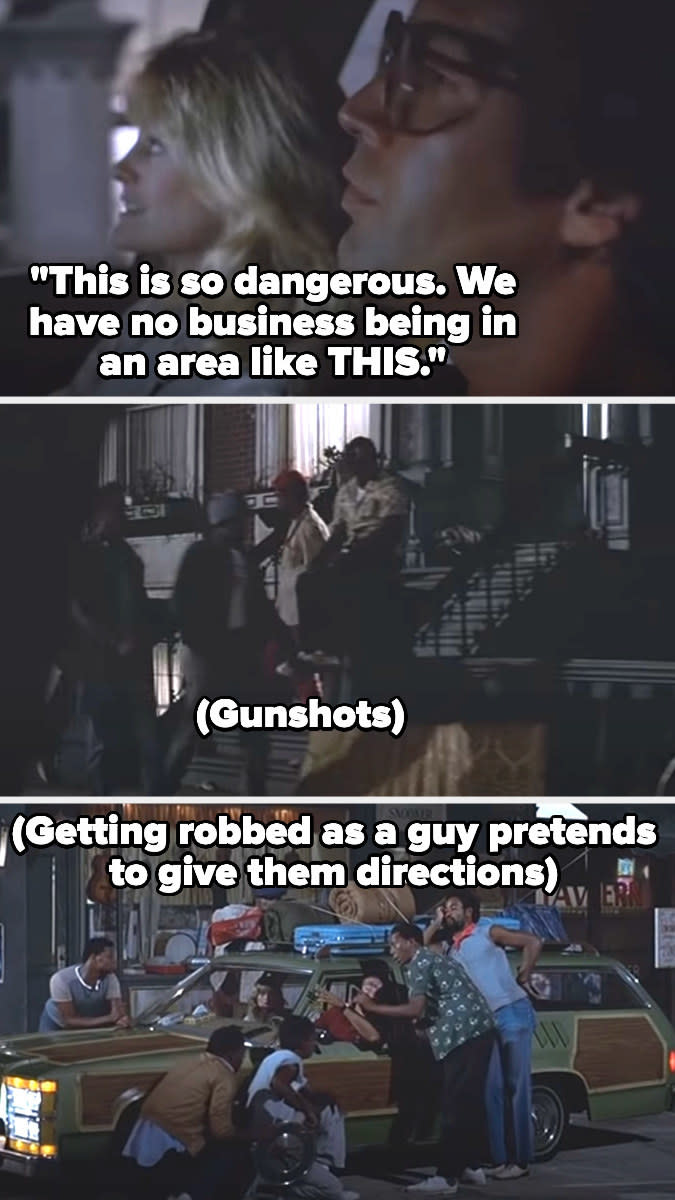 This scene feels like it was written by someone who thinks that all poor, dangerous neighborhoods are predominantly Black, and that all of those Black people are criminals. It's a caricature of St. Louis that says a lot more about the people behind the film than the actual people of St. Louis.