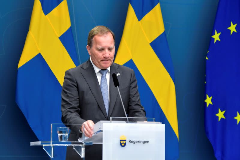 Sweden's PM Stefan Lofven attends a news conference after the no-confidence vote, in Stockholm