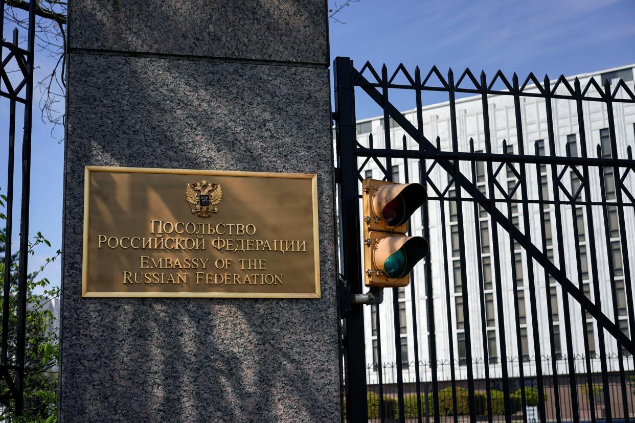 The entrance gate of the Embassy of the Russian Federation is seen in Washington, D.C.