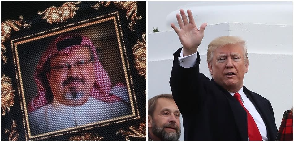 Left, a picture of journalist Jamal Khashoggi; right, President Donald Trump.