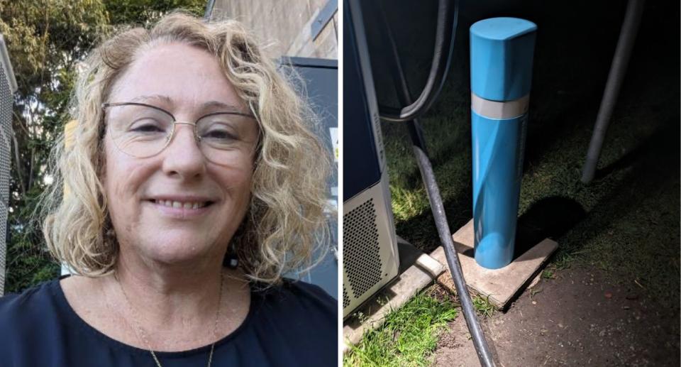 EV owner Mere Jans (left) and the charging station where she felt stranded (right).