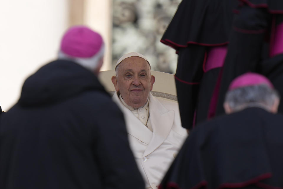 Pope Francis holds his weekly general audience in St. Peter's Square, at the Vatican, Wednesday, April 24, 2024. (AP Photo/Alessandra Tarantino)