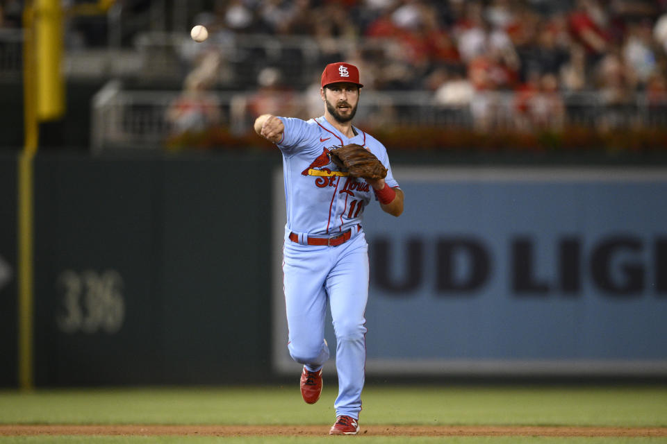 St. Louis Cardinals shortstop Paul DeJong throws to first to put out Washington Nationals' Maikel Franco during the sixth inning of a baseball game Saturday, July 30, 2022, in Washington. The Nationals won 7-6. (AP Photo/Nick Wass)