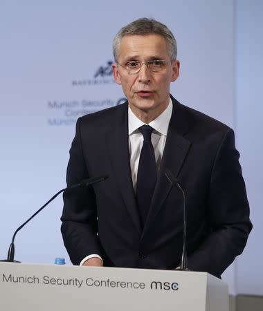 NATO Secretary General Jens Stoltenberg talks at the Munich Security Conference in Munich, Germany, February 16, 2018. REUTERS/Michaela Rehle