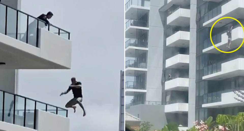 The man seen letting go of the balcony (left) after dangling precariously (pictured right). 