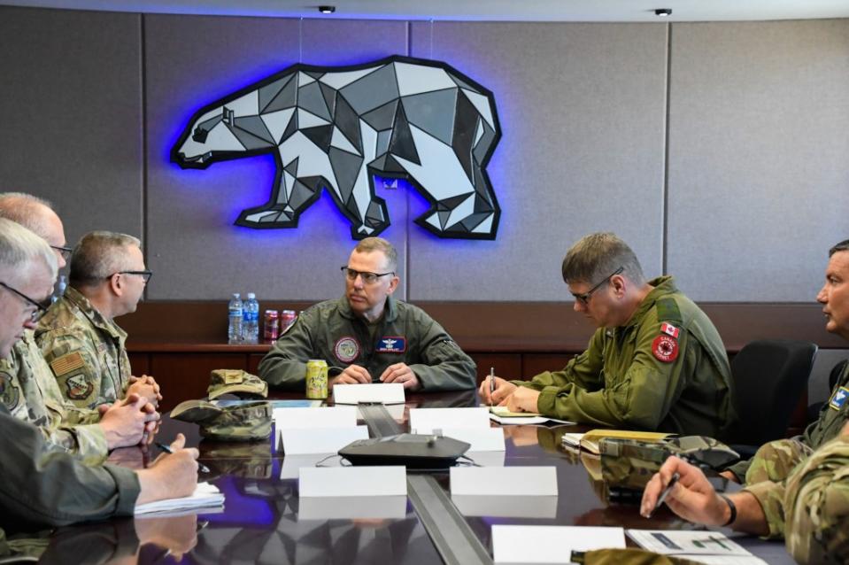 NORAD and NORTHCOM commander U.S. Air Force Gen. Gregory Guillot, at the head of the table, during a visit to the 168th Wing of the Alaska Air National Guard at Eielson Air Force Base earlier this month. <em>Air National Guard</em> Senior Master Sgt. Julie Avey
