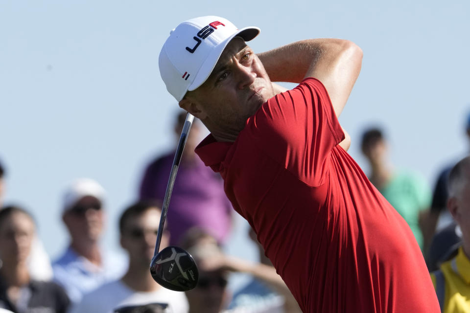 United States' Justin Thomas play his tee shoot the 17th during practice round ahead of the Ryder Cup at the Marco Simone Golf Club in Guidonia Montecelio, Italy, Tuesday, Sept. 26, 2023. The Ryder Cup starts Sept. 29, at the Marco Simone Golf Club. (AP Photo/Alessandra Tarantino)