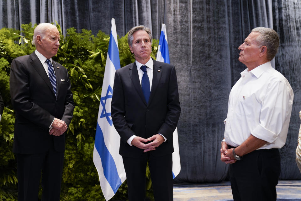 President Joe Biden and U.S. Secretary of State Antony Blinken, meet with victims' relatives and first responders who were directly affected by the Hamas attacks, Wednesday, Oct. 18, 2023, in Tel Aviv. (AP Photo/Evan Vucci)