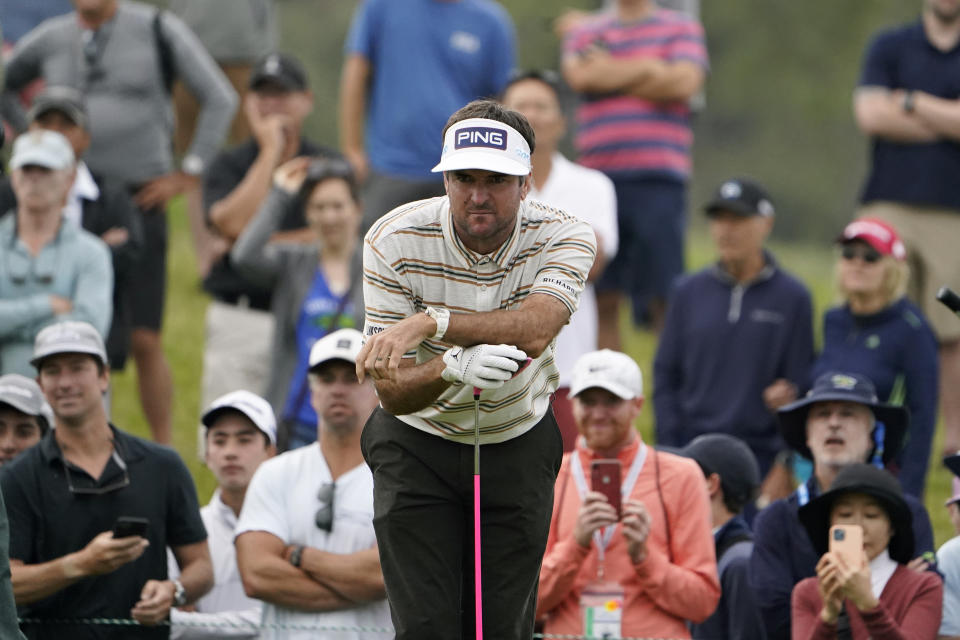 Bubba Watson watches his shot from the 15th tee during the second round of the U.S. Open Golf Championship, Friday, June 18, 2021, at Torrey Pines Golf Course in San Diego. (AP Photo/Jae C. Hong)