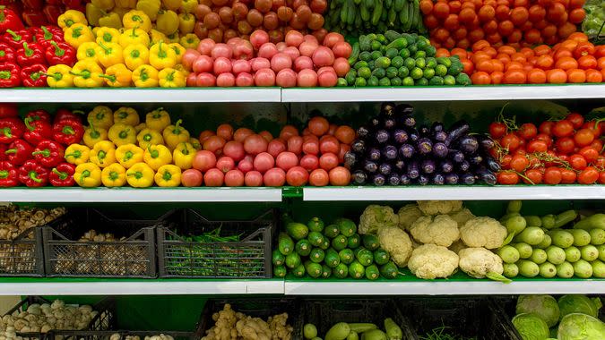 Fresh organic Vegetables and fruits on shelf in supermarket, farmers market.