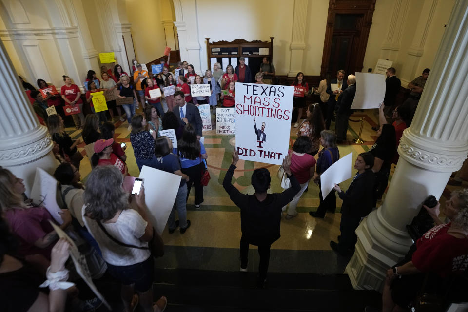 Protesters gather at the Texas State Capitol to call for tighter regulations on gun sales in Austin, Texas, Monday, May 8, 2023. A gunman killed eight people at a Dallas-area mall Saturday. (AP Photo/Eric Gay)