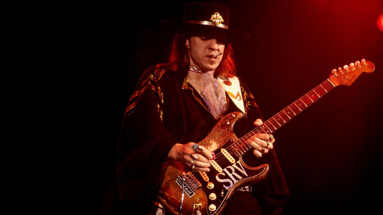  Stevie Ray Vaughan performing at the Concord Pavilion in Concord, CA on August 3, 1986. He plays a Fender Stratocaster guita. 