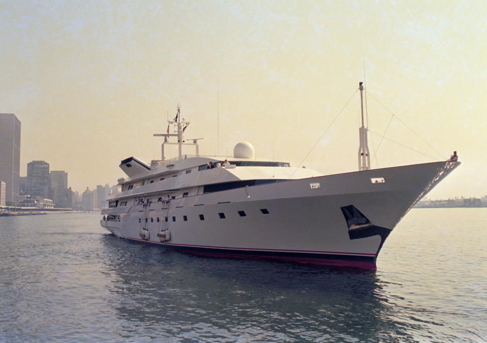 FILE - This is a July 4, 1988 file photo of Donald Trump's yacht, the Trump Princess, in New York City. In 1991, as Trump was teetering on personal bankruptcy and scrambling to raise cash, he sold his 282-foot Trump Princess yacht to Saudi billionaire Prince Alwaleed bin-Talal for $20 million, a third less than what he had reportedly paid for it. Donald Trump’s business ties to Saudi Arabia run long and deep, and he’s often boasted about his business ties with the kingdom. Now those ties are under scrutiny as the president faces calls for a tougher response to the kingdom’s government following the disappearance, and possible killing, of one of its biggest critics, journalist and activist Jamal Khashoggi. Trump said Friday that he will soon speak with Saudi Arabia's king about Khashoggi’s disappearance. (AP Photo/Marty Lederhandler, File)