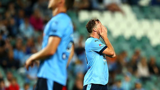 Rhyan Grant of Sydney reacts after missing a shot on goal. Image: Getty