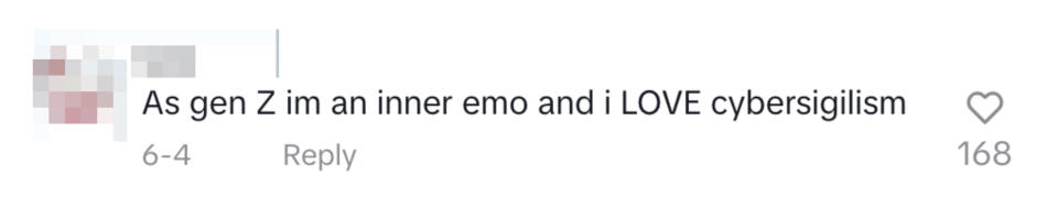 Comment by lucs: "As gen Z I'm an inner emo and I LOVE cybersigilism." The comment has 168 likes