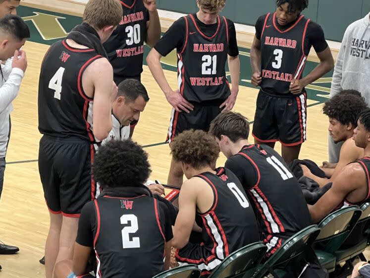 Harvard-Westlake coach David Rebibo talks to his team during timeout.