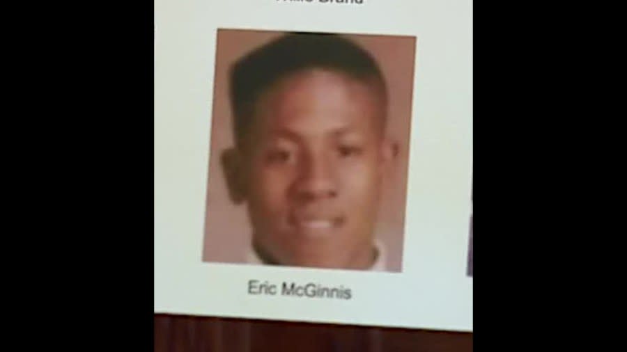 A photo of Eric McGinnis is displayed at a news conference with his family in Benton Harbor on April 19, 2022.