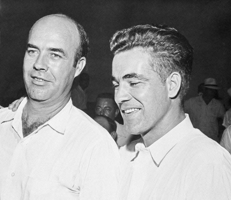 J.W. Milam (left) and his half brother, Roy Bryant (right) were acquitted today in the Emmett Louis Till murder trial. The two still face a kidnapping charge in nearby Leflore Co. Mississippi. This comes up next November at Greenwood, MS.