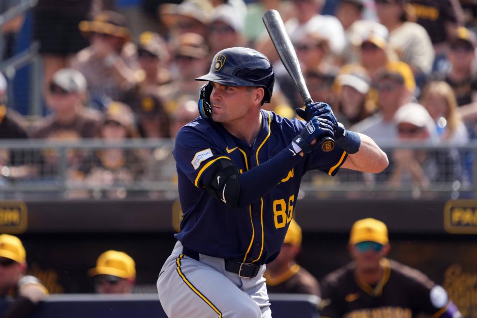 Milwaukee Brewers first baseman Tyler Black (86) bats against the San Diego Padres during the first inning of a Spring Training game at Peoria Sports Complex.