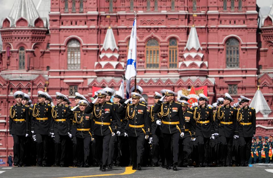 Russian servicemen march during the Victory Day military parade in Moscow, Russia, Monday, May 9, 2022, marking the 77th anniversary of the end of World War II.