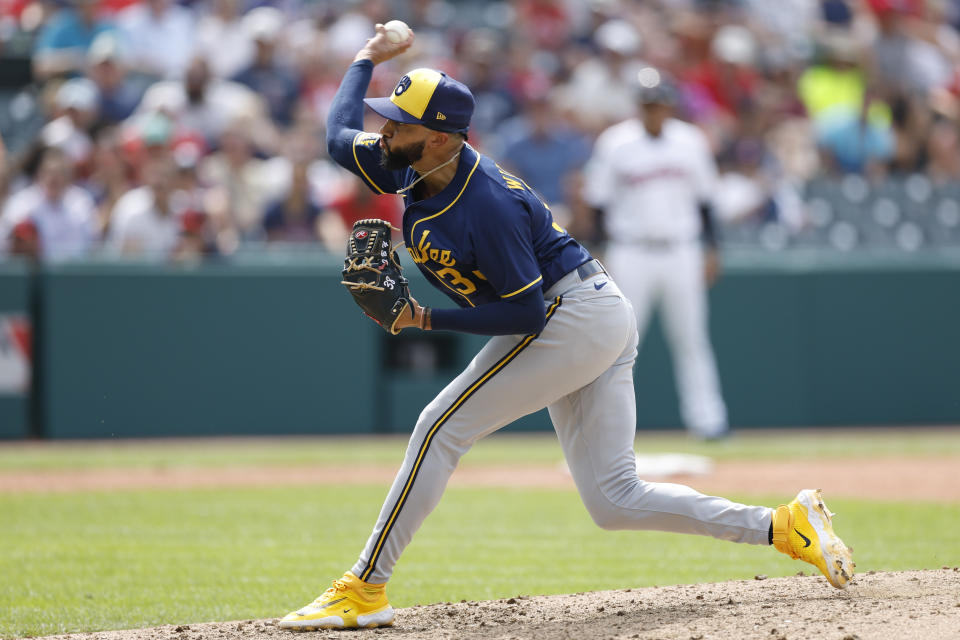 Milwaukee Brewers relief pitcher Devin Williams delivers against the Cleveland Guardians during the ninth inning of a baseball game, Sunday, June 25, 2023, in Cleveland. (AP Photo/Ron Schwane)