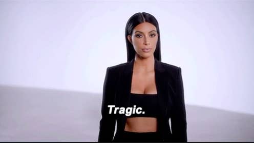 Kim Kardashian saying "tragic" during a Super Bowl commercial