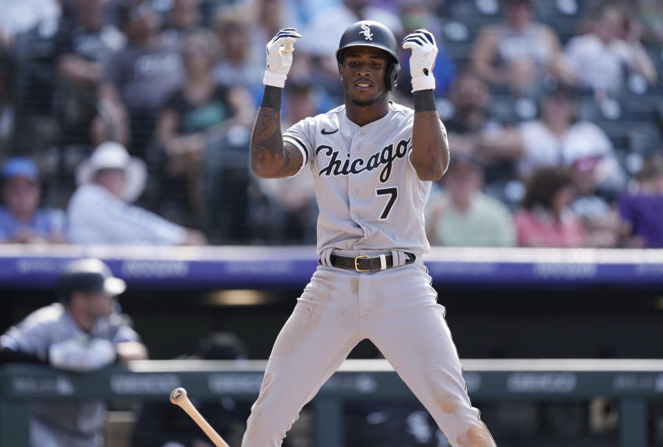 Chicago White Sox's Tim Anderson reacts after being called out on strikes to end the top of the ninth inning of the team's baseball game against the Colorado Rockies on Wednesday, July 27, 2022, in Denver. (AP Photo/David Zalubowski)