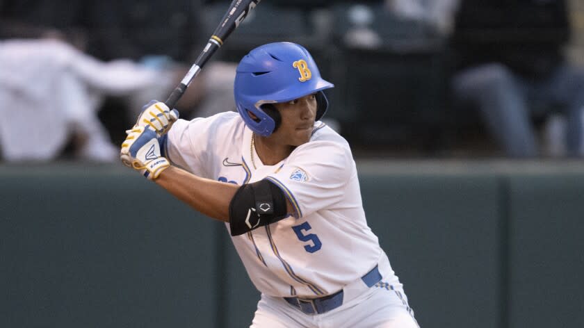 UCLA's Daylen Reyes during an NCAA baseball game against UC Santa Barbara on Tuesday, March 29, 2022, in Los Angeles. (AP Photo/Kyusung Gong)