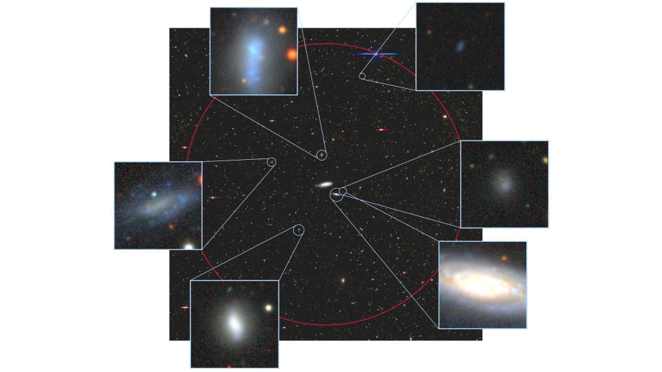 Sechs kleine quadratische, vergrößernde Sternobjekte folgen Linien zu Punkten auf einem Bild von Sternen und Galaxien.