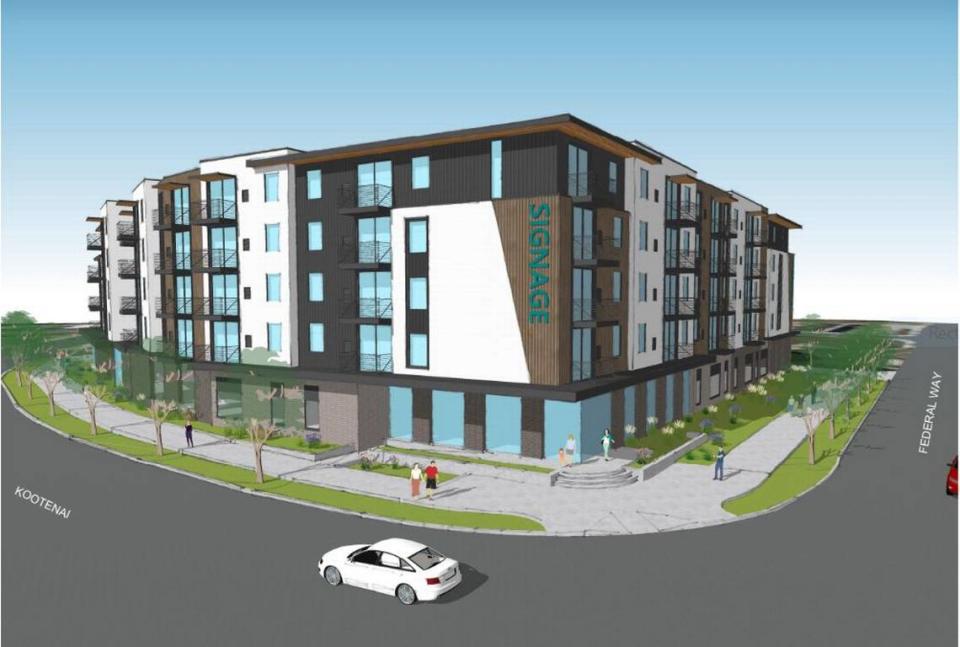 Hawkins Cos., of Boise, proposed to build this 120-apartment building at the northeast corner of Kootenai Street and Federal Way in Boise. This architect’s rendering looks northwest.