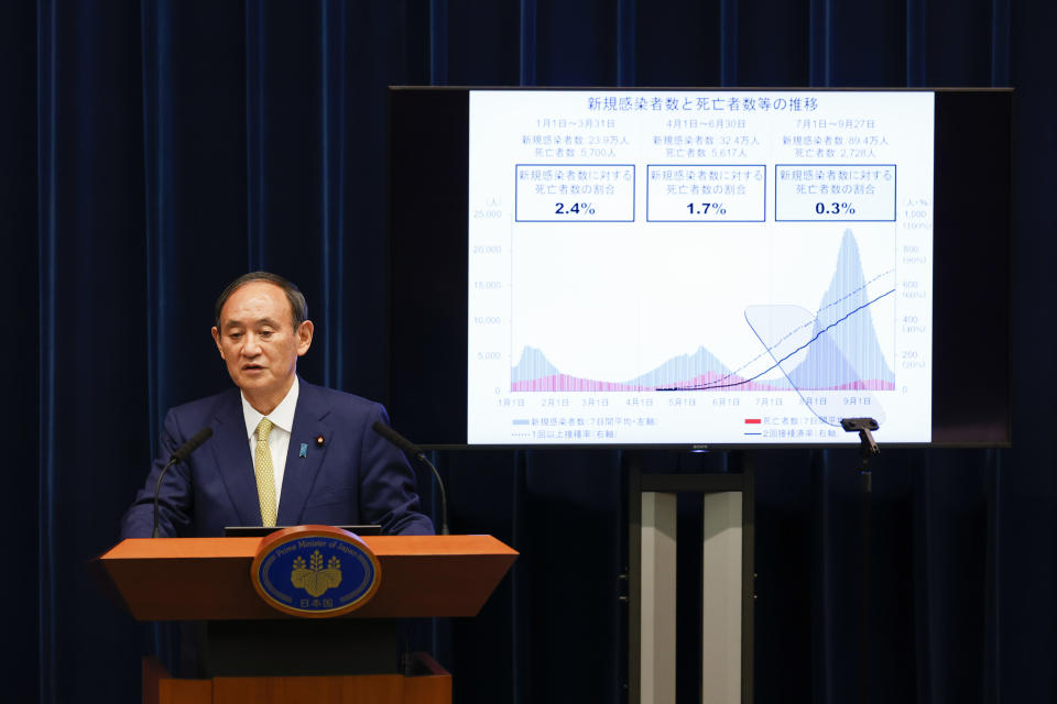 Japan's Prime Minister Yoshihide Suga speaks during a press conference at the prime minister's official residence on Tuesday, Sept. 28, 2021, in Tokyo. Suga announced the coronavirus state of emergency will end Thursday so the economy can be reactivated as infections slow. (Rodrigo Reyes Marin/Pool Photo via AP)