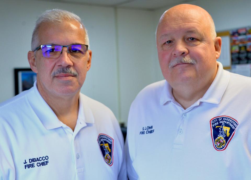 New Hagerstown Fire Chief John DiBacco, left, and retired Chief Steve Lohr