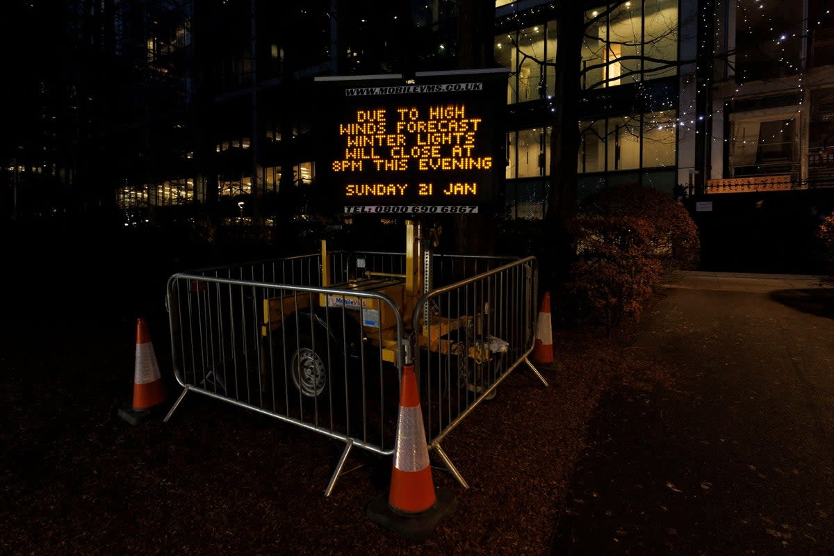 Canary Wharf's winter lights display was forced to close early on Sunday due to high winds (REUTERS)