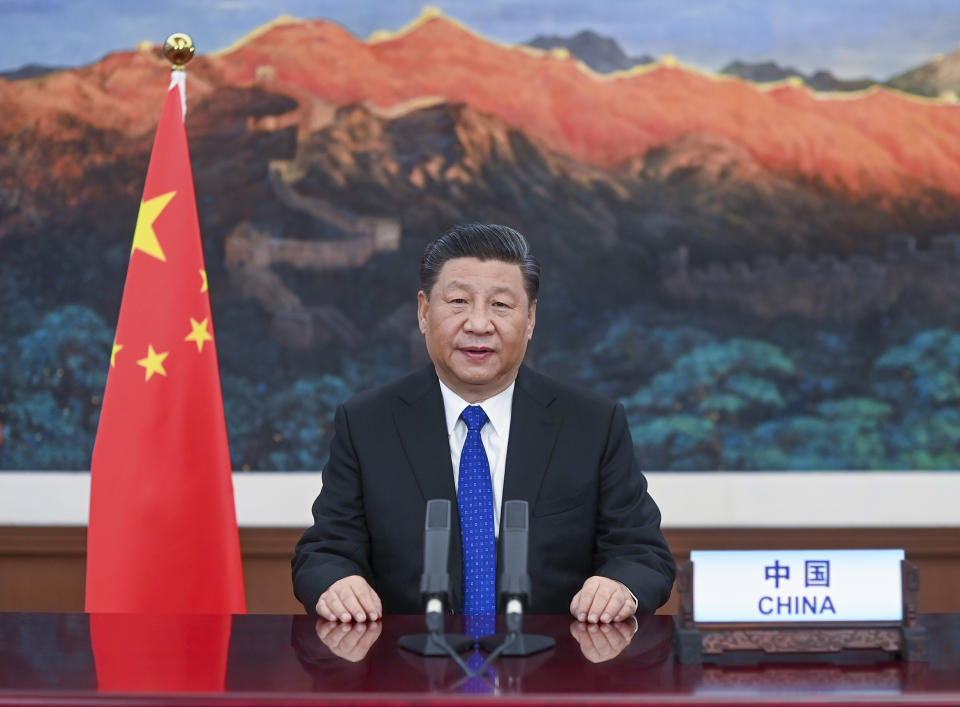 In this photo released by Xinhua News Agency, Chinese President Xi Jinping delivers a speech at the opening of the 73rd World Health Assembly via video link in Beijing, Monday, May 18, 2020. China on Monday announced it will give $2 billion to the fight against the coronavirus. As nations carved out a new normal amid the pandemic, Chinese President Xi Jinping told the World Health Organization's annual meeting Monday that the funds would be paid out over two years to help respond to COVID-19, which has already killed hundreds of thousands and devastated national economies. (Li Xueren/Xinhua via AP)