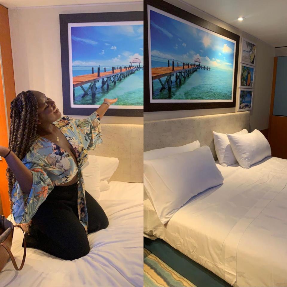 Christina Jane kneeling on a bed in her room on the Margaritaville cruise