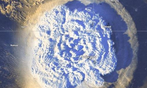 A satellite image shows an eruption of the Hunga Tonga-Hunga Ha’apai volcano in Tonga on Saturday.
