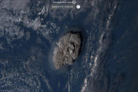 This satellite image taken by Himawari-8, a Japanese weather satellite operated by Japan Meteorological Agency and released by National Institute of Information and Communications Technology (NICT), shows an undersea volcano eruption at the Pacific nation of Tonga Saturday, Jan. 15, 2022. (NICT via AP)