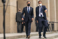 Secretary of State Antony Blinken walks towards members of the media to give a statement at the start of the Second Berlin Conference on Libya at the Ministry of Foreign Affairs in Berlin, Wednesday, June 23, 2021. Blinken begins a week long trip in Europe traveling to Germany, France and Italy. (AP Photo/Andrew Harnik, Pool)