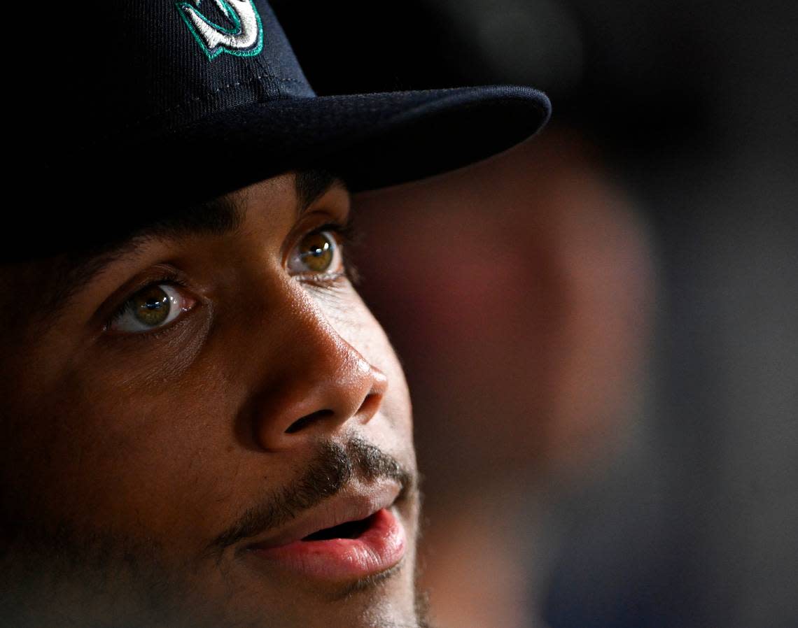 Seattle Mariners center fielder Julio Rodriguez (44) looks on before the opening day game between the Boston Red Sox and Seattle Mariners at T-Mobile Park, on Thursday, March 28, 2024, in Seattle, Wash. Brian Hayes/bhayes@thenewstribune.com