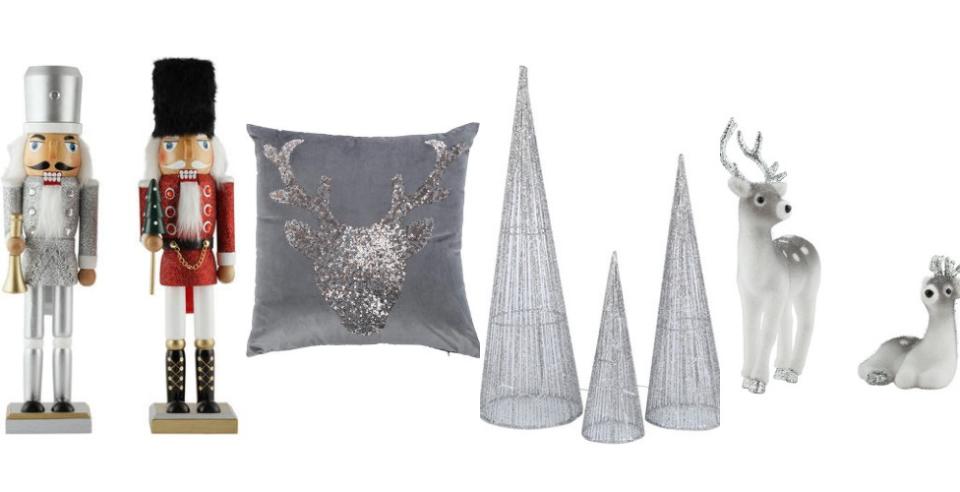 Pictured left to right:34cm Nutcracker – Assorted ($10), Sequin Reindeer Cushion ($12), Solar Powered Set Of 3 Cone Lights ($35), Glittered & Flocked Reindeer – Assorted ($7). Photo: Kmart