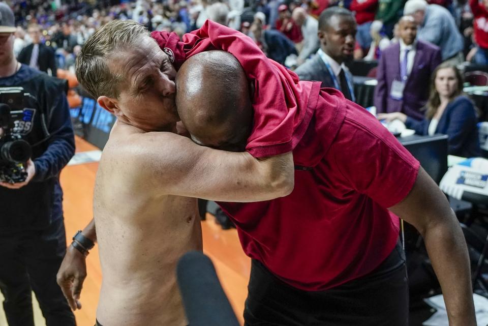 Arkansas head coach Eric Musselman reacts after a second-round college basketball game against Kansasin the NCAA Tournament Saturday, March 18, 2023, in Des Moines, Iowa. Arkansas won 72-71. (AP Photo/Morry Gash)