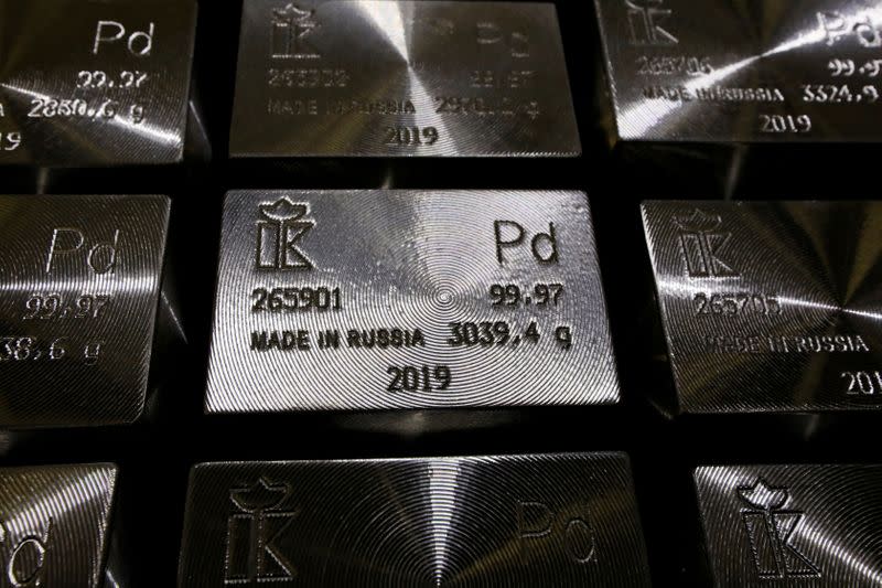 FILE PHOTO: Ingots of 99.97 percent pure palladium are stored at a plant of Krastsvetmet in Krasnoyarsk