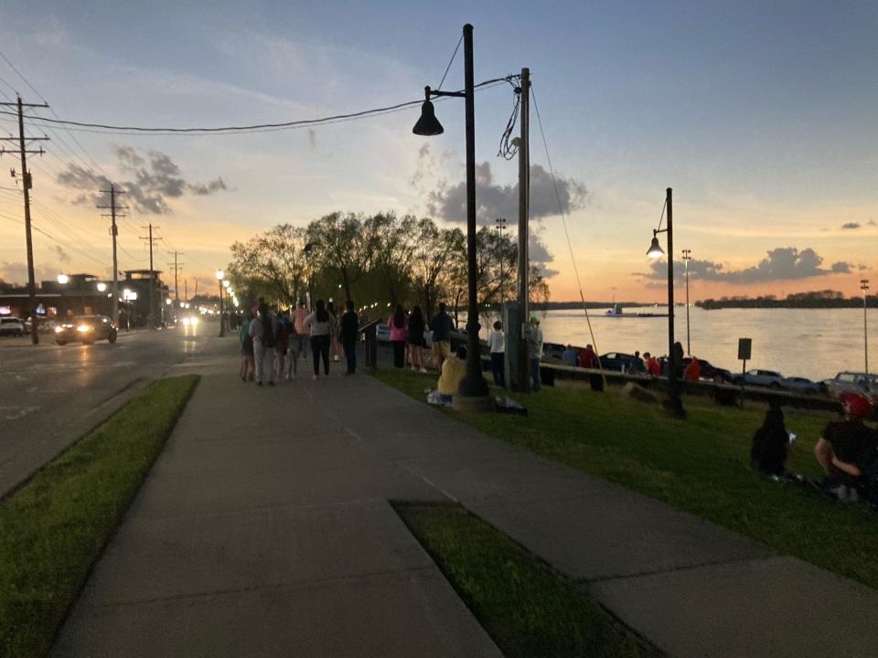 Solar eclipse totality along the riverfront in Henderson, Kentucky.
