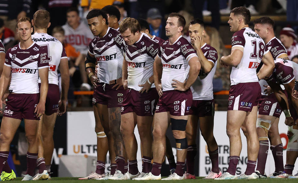 Sea Eagles players, pictured here during their loss to Wests Tigers.