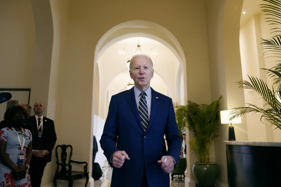 President Joe Biden smiles as he speaks about democratic control of the Senate before leaving his hotel to attend the Association of Southeast Asian Nations (ASEAN) summit, Sunday, Nov. 13, 2022, in Phnom Penh, Cambodia. (AP Photo/Alex Brandon)