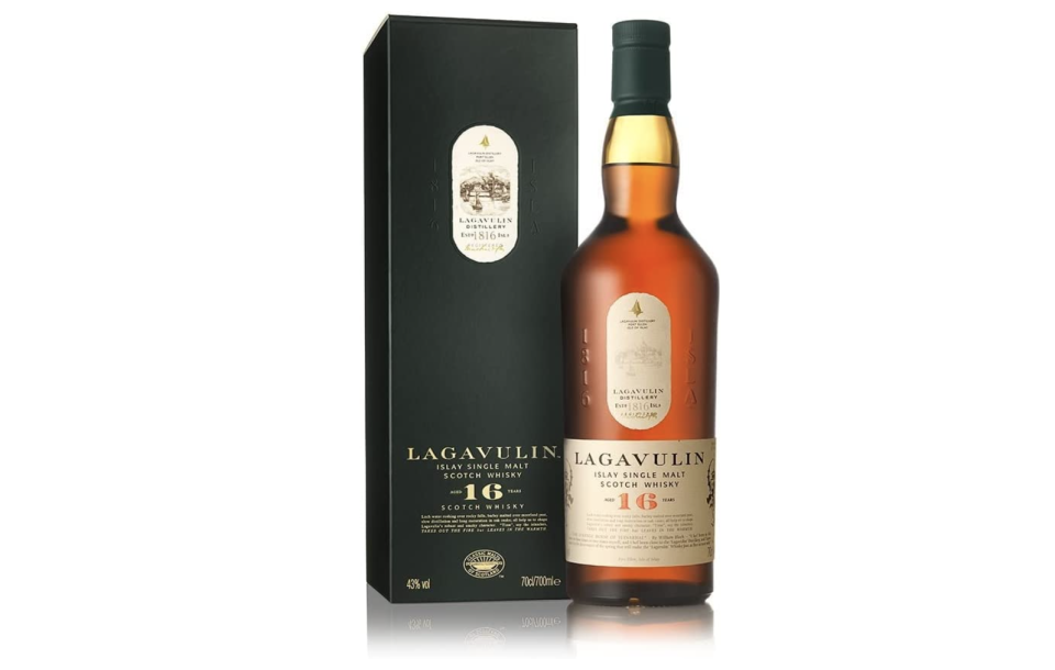 A product image of Lagavulin 16-Year-Old Single Malt Scotch Whisky bottle.